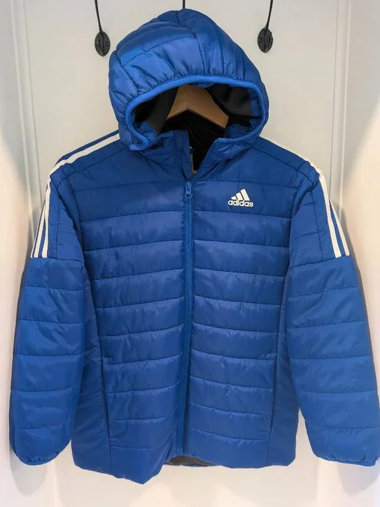 Adidas Classic Puffer Jacket Kids Medium (10/12) Blue Hooded Winter Coat EUC