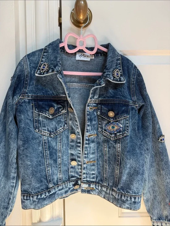 Lola + The Boys Distressed Blue Denim Jacket with Jeweled Eye Accents