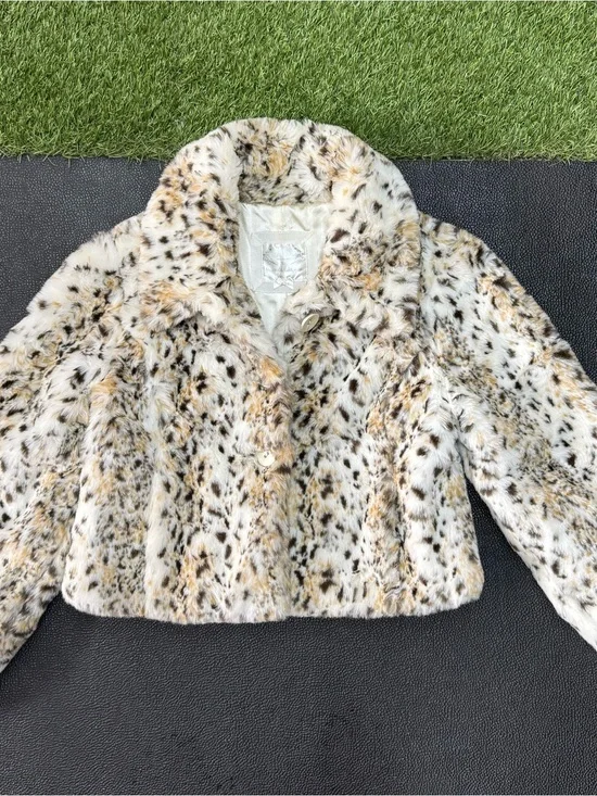 Justice Girls Leopard Print Cropped Faux Fur Jacket Coat