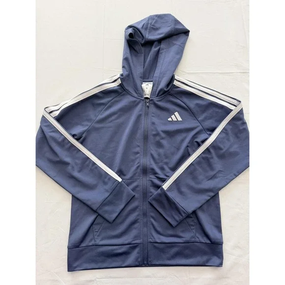 Adidas Track Jacket‎ Kids 10-12 Blue Hooded Full Zip 3-Stripes Athletic Training