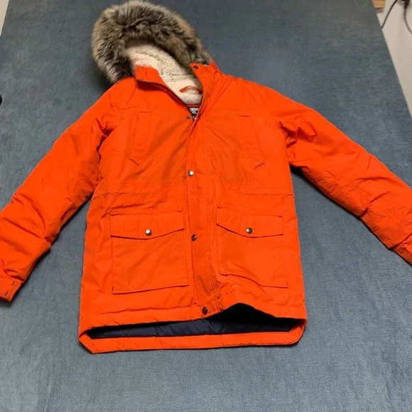 Lands' End Parka Jacket Kids L Orange Sherpa Lined Hooded Snap Full Zip Utility