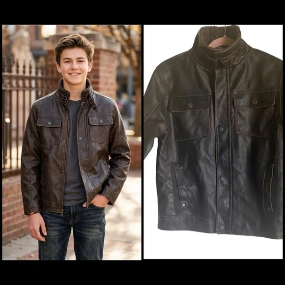 Hawke & Co Boys Brown Faux Leather Sherpa Collar Bomber Biker Moto Jacket 10/12