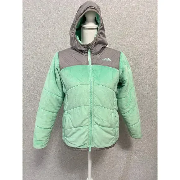 North Face Perseus Reversible Jacket Girls L Green Gray Hooded Reversible Fleece