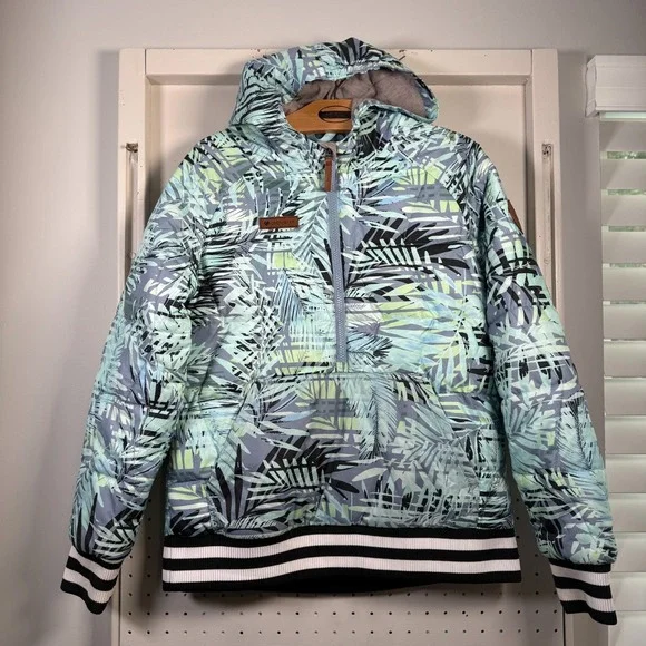 Obermeyer Peri Down Anorak Jacket Kids Girls Light Blue Green Botanical - Large