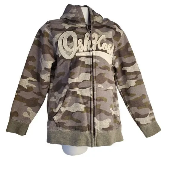 OshKosh Logo Hoodie Boys Zipped Sweatshirt Jacket Grey Camo Size 6‎