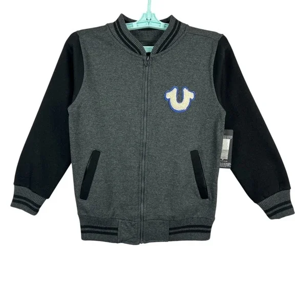 True Religion Boys Graphic Zip-Up Jacket M (10/12) Black‎ & Gray Ribbed Trim NWT