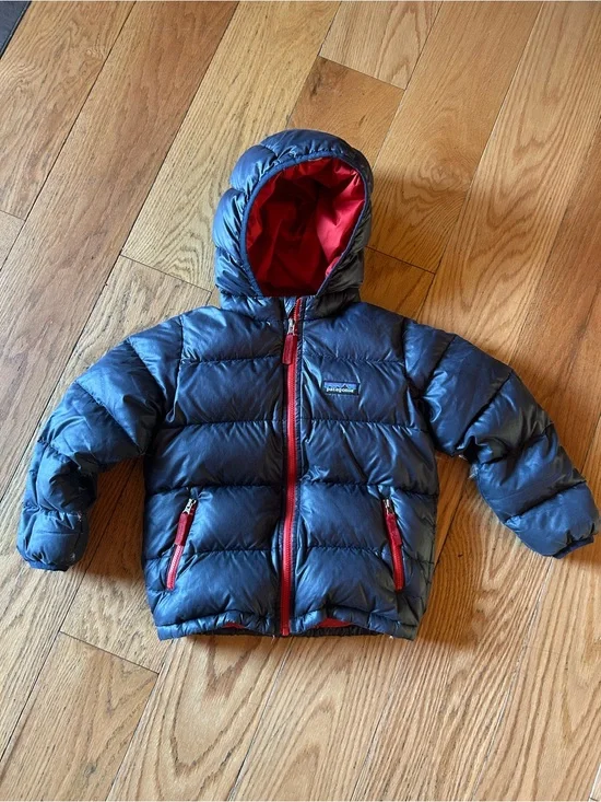 Patagonia Red Puffy Jacket with Multicolor Logo