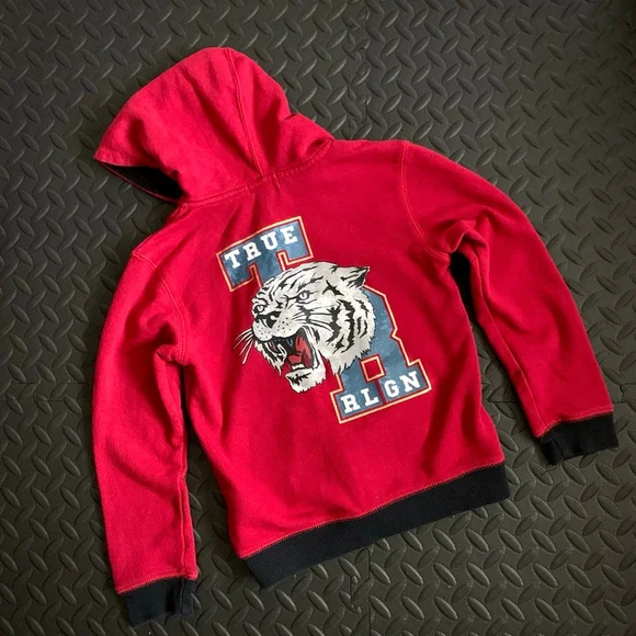 True Religion Hoodie Boys Red Full Zip Tiger Graphic Logo Casual Streetwear sz 6