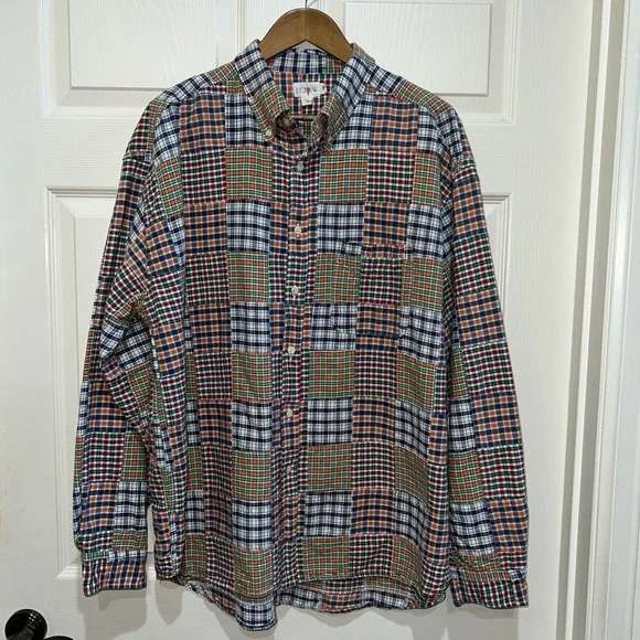Vtg J. Crew Oarsman Multicolor Patchwork Madras Plaid Button Down Shirt Men XL