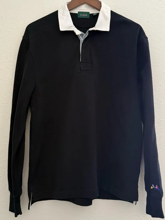J.Crew Men’s Rugby Shirt Black White Regatta Flags Long Sleeve Size S