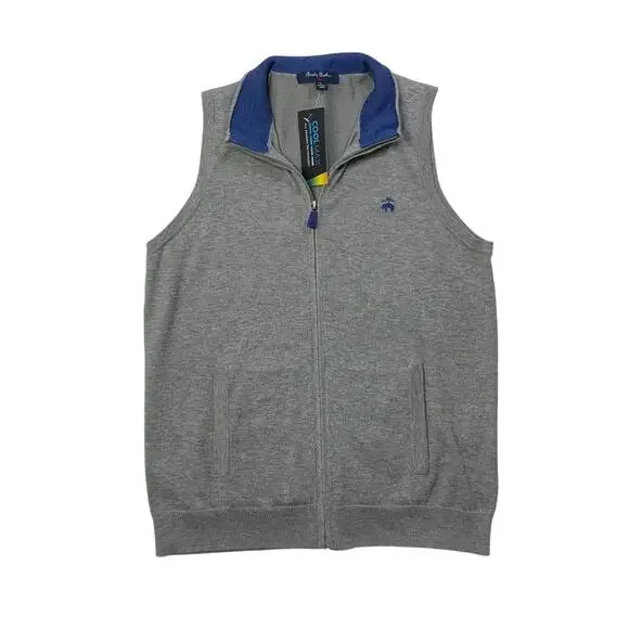 Brooks Brothers Vest Boys L Large Grey Blue Fleece Coolmax Cotton Blend Full Zip