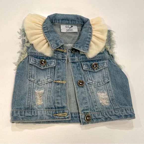 Distressed Denim Vest with Tulle Collar