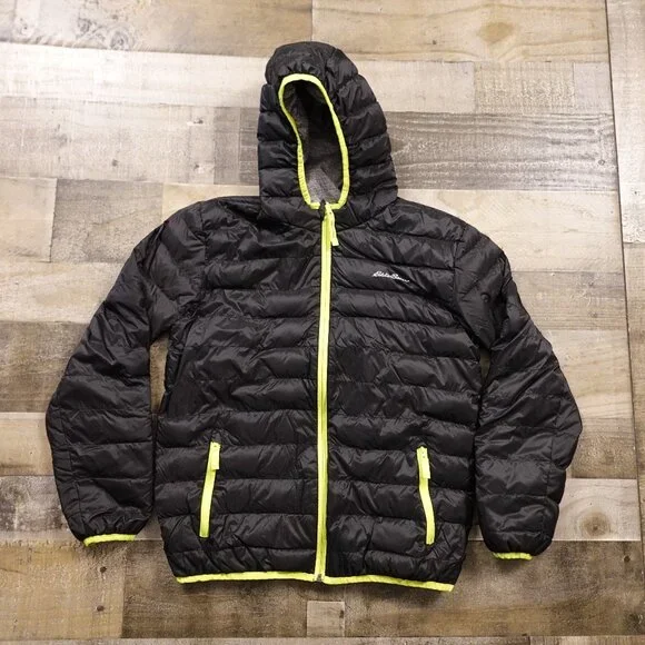 Eddie Bauer Kids Hooded‎ Down Puffer Jacket Large (14/16) Black Neon Trim