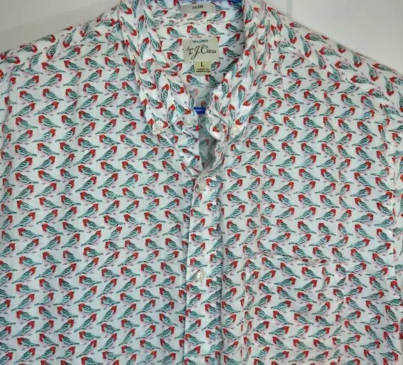 J.Crew Mens 100% Linen Bird Print Shirt Slim Fit Large Short Sleeve Coastal