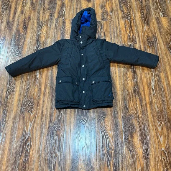 Nautica Boys Size 7 Black Hooded Winter Parka Jacket Fleece Lined Heavy Coat