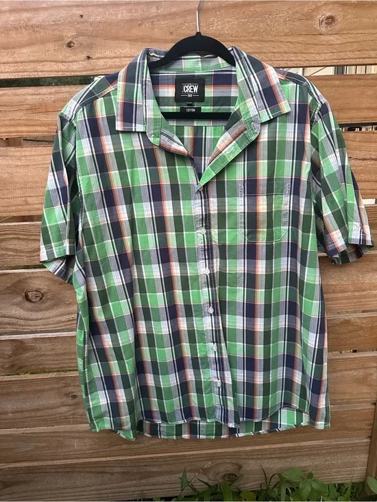 J. Crew Green and Navy Plaid Short-Sleeve Button-Down Shirt