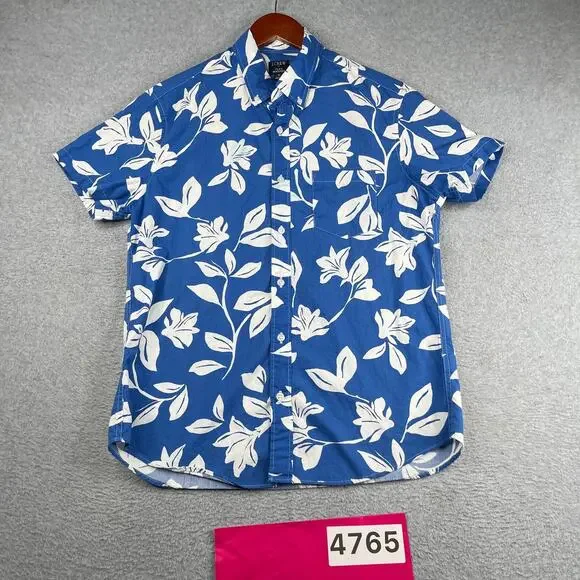 J Crew Flex Washed Tropical Print Shirt Blue Button Up Short Sleeve Mens Medium