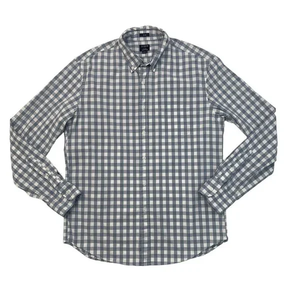 J Crew Slim Shirt Mens L Large Slate White Gingham Plaid Flex Washed Cotton
