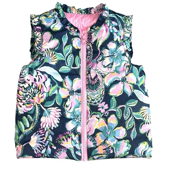 Lilly Pulitzer Girls Down Puffer‎ Vest Medium 6-7 Multicolor Floral Reversible