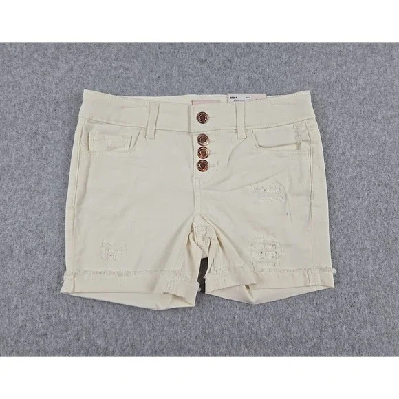 SO Jean Shorts Girls Size 8 Mid Rise Denim Midi Short Distressed Ivory Jeans NWT