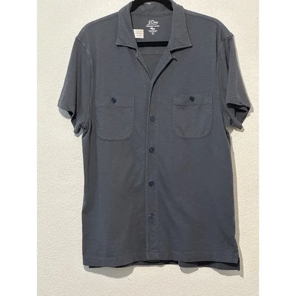 J. Crew Garment Dyed Knit Goods Blue Short Sleeve Snap Closure Shirt‎ Mens L