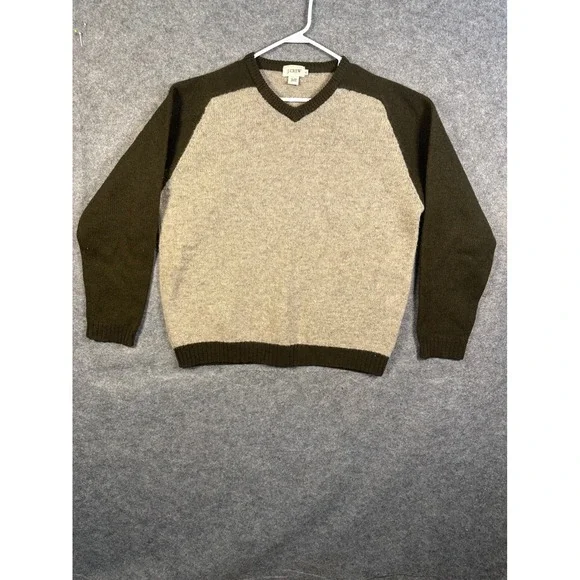 J.Crew Mens 100%‎ Wool V-Neck Sweater XL Colorblock Green Tan Raglan Sleeve