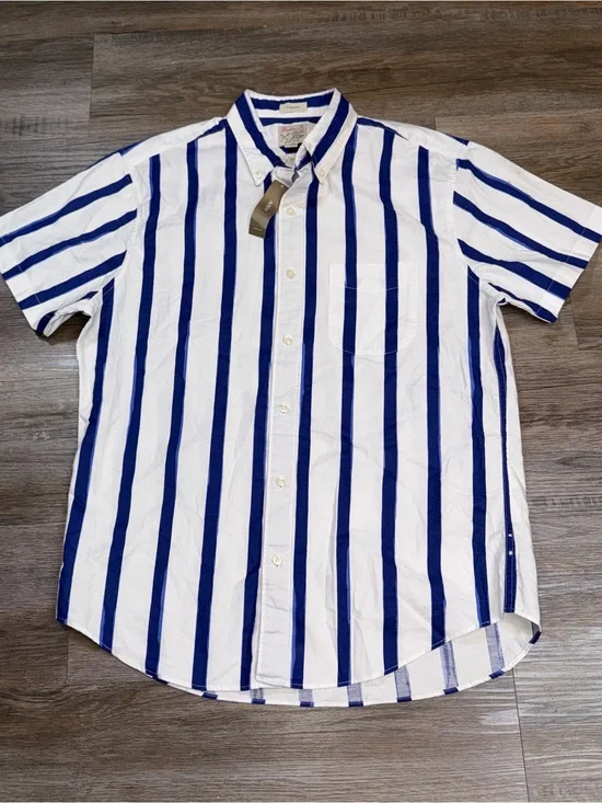 J. Crew Shirt Mens M Short Sleeve Button-Up Broken-In Oxford Striped Blue White