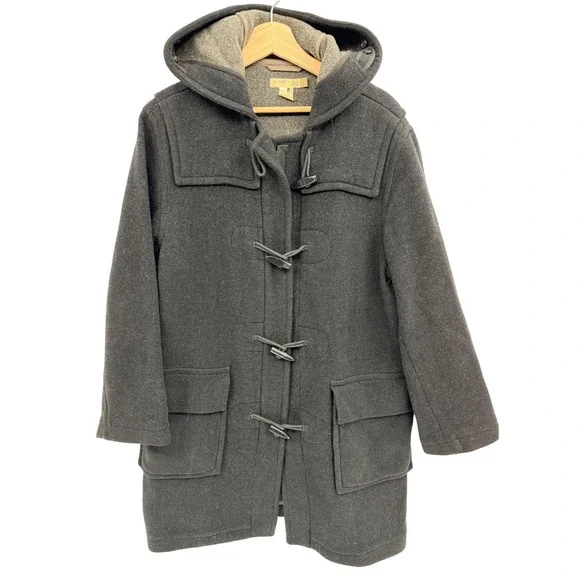 Vintage J. Crew Mens Dress Coat Medium Charcoal Gray Lined Hooded Wool‎ Blend