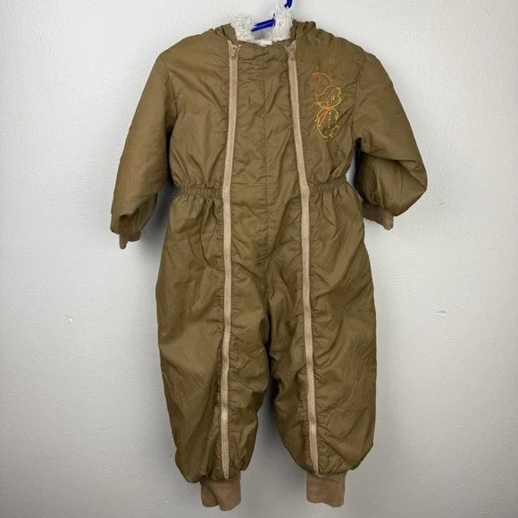 VTG Sears Toddler Snowsuit Brown Cat Embroidery Dual Zipper Faux Fur Hood 24–30M