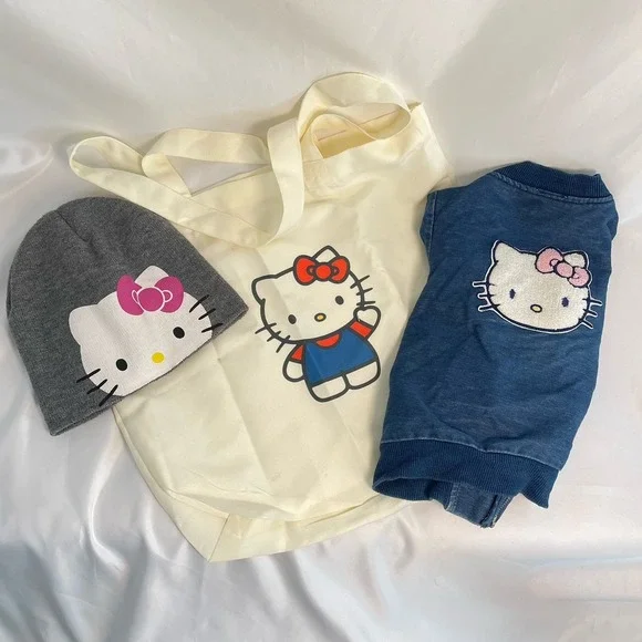 Hello Kitty Girls Light Blue Denim Jacket 3T Beanie Hat Cuteness Tote Bag
