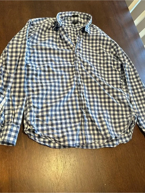 J Crew Men’s large Button Up Shirt White And Blue Check A5:1320
