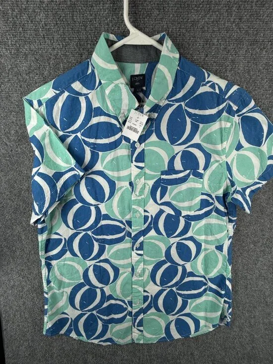 NWT J Crew Men Large Blue Geometric Beach Theme Short Sleeve Button Up Shirt