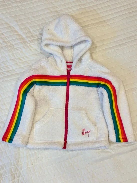 Betsey Johnson Toddler Girls White Sherpa Rainbow Stripe Hooded Jacket 4T