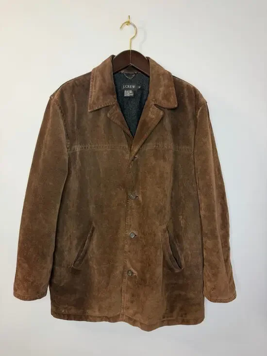 J CREW VGT 90's Suede Leather Jacket Lined Coat Button Down Wool Lining Brown XL
