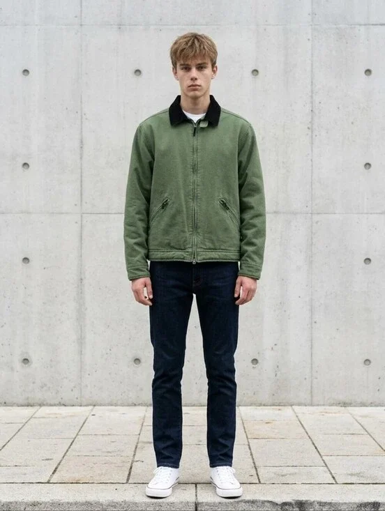 vintage green J.Crew 90's canvas work jacket with a black corduroy collar M