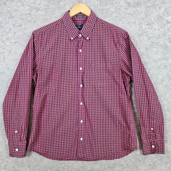 J Crew Re-Imagined Slim Untucked Flex Washed Size L Shirt Blue Red Checks Preppy