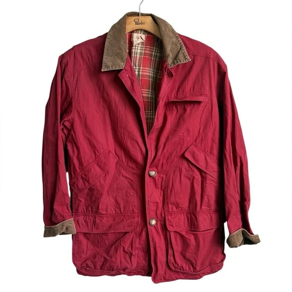 Vintage J.Crew Red Barn Jacket Corduroy Collar Plaid Lined Field Coat Small