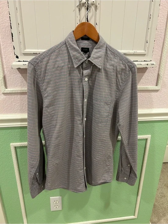 J. Crew Gray Long-Sleeve Button-Down Shirt with Pink Stripe