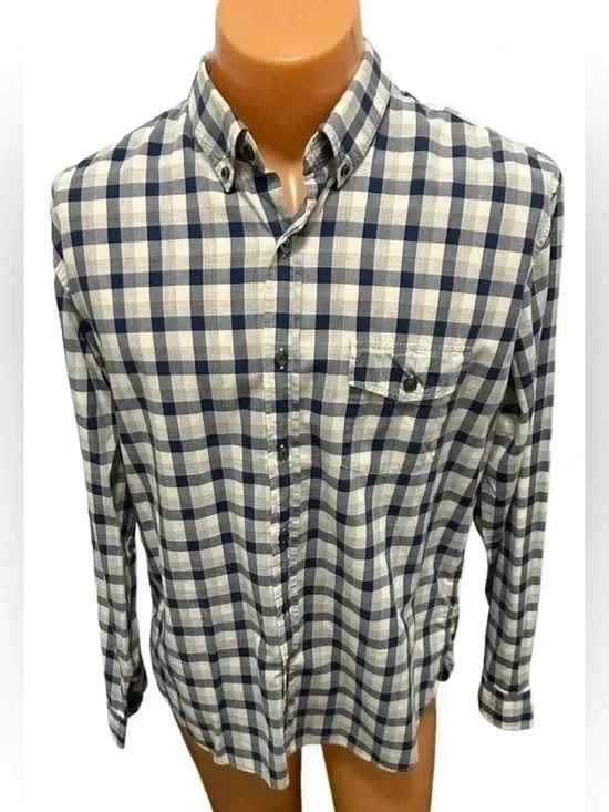 Vintage J. Crew Shirt Mens Large Blue White Check Plaid 2 Ply Cotton Button Down