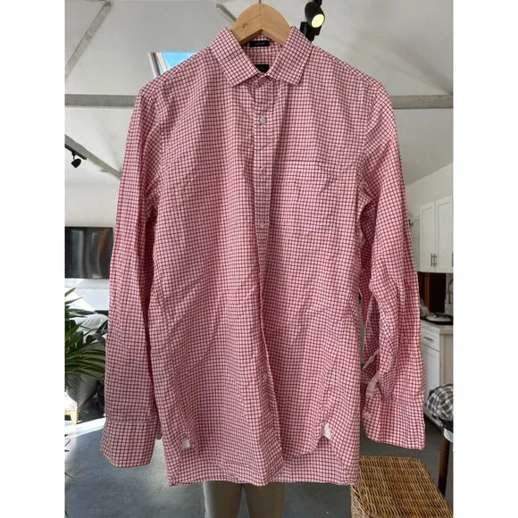 J CREW Light Weight Red Gingham Button Up Dress Shirt Cotton Small Stretch