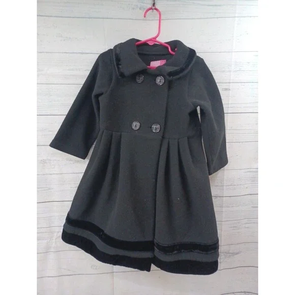 Goodlad Girls Black Dress Pea Coat Sz 4T Faux Fur Collar Velvet Trim Fleece