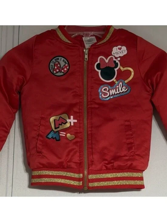 Disney Minnie Mouse Bomber Jacket Girls 5/6 Red Lined Insulated Full Zip