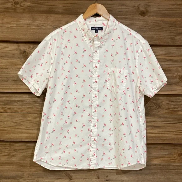 J. Crew White Short-Sleeve Button-Down Shirt with Pink Flamingo Print XL