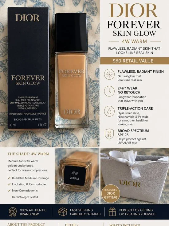 NEW Dior Forever Skin Glow Foundation 4W Warm SPF 25 1 oz + Dior Gift Bag