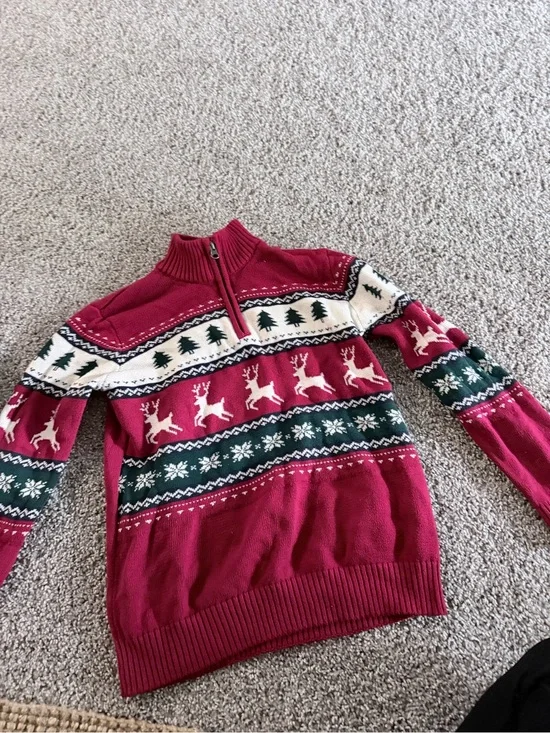 The Children's Place Red, Green and White Holiday Reindeer Quarter-Zip Sweater