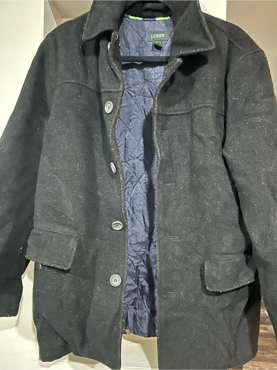 J. Crew Men's Black Wool Pea Coat with Navy Quilted Lining