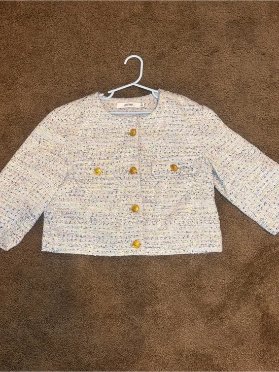 JustFab Girls Tweed Cropped Blazer Jacket Gold Button Multicolor White XS 4/5