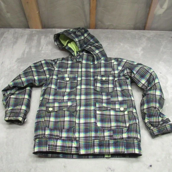 Burton Jacket Kids Small‎ Green Plaid Twist Bomber Dryride Ski Snowboard Winter