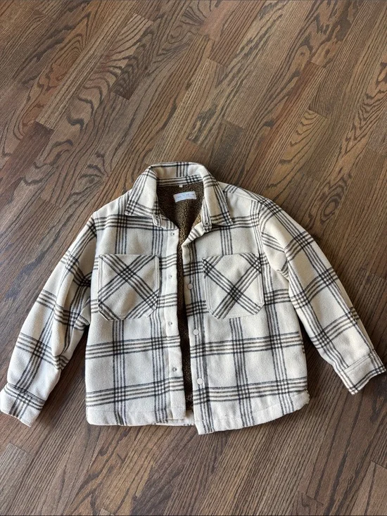 Boys Zara Cream & Black Plaid Sherpa-Lined Shacket