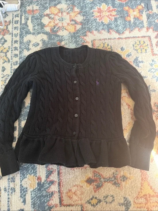 Polo by Ralph Lauren girls Black Cable-Knit Button Cardigan with Peplum